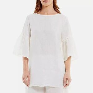 Bryn Walker Linen Round Neck Ruffle 3/4 Bell Sleeve Tunic Top White M 12/14‎